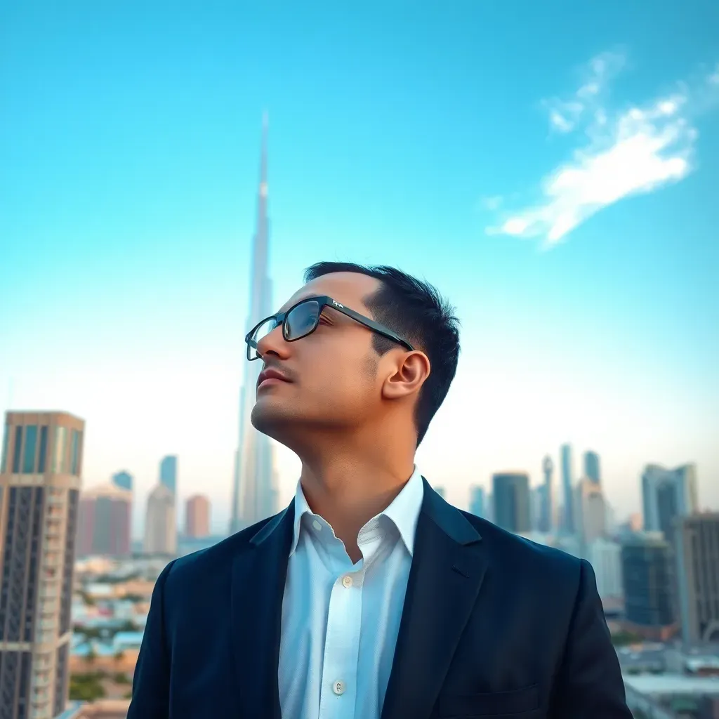 Businessman looking at city skyline with Burj Khalifa in the background